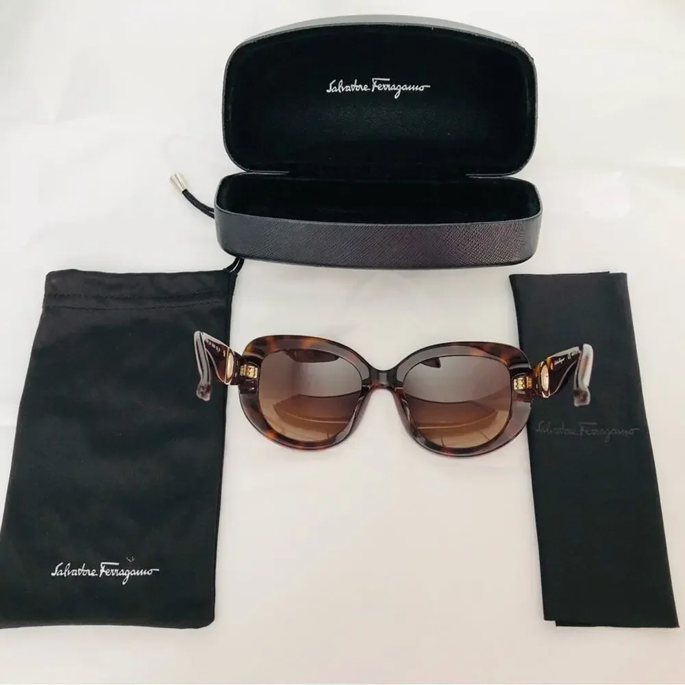 Salvatore Ferragamo Tortoise & Gold Sunglasses Case Dust Bag & Cloth Retail $475